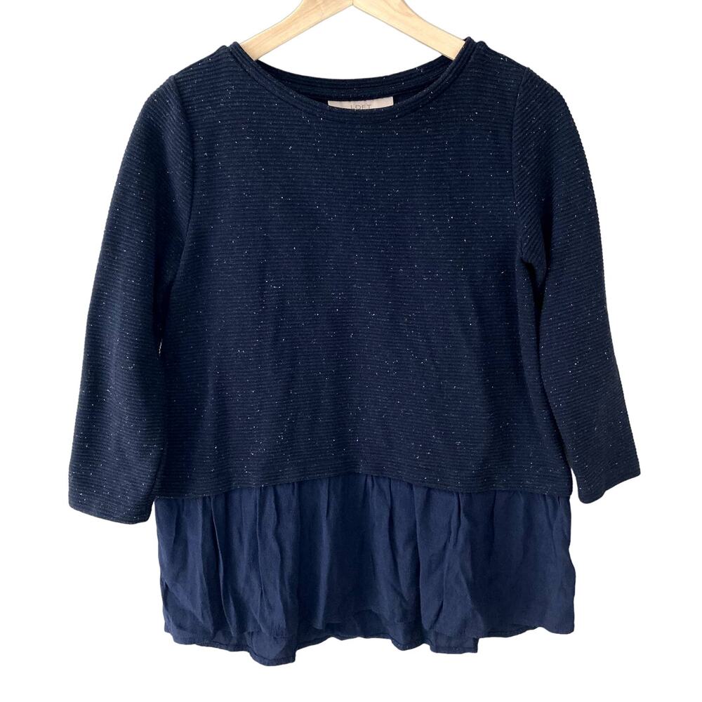 Ann Taylor Loft Navy Blue Textured Flecked Peplum Hem Top Blouse X Small